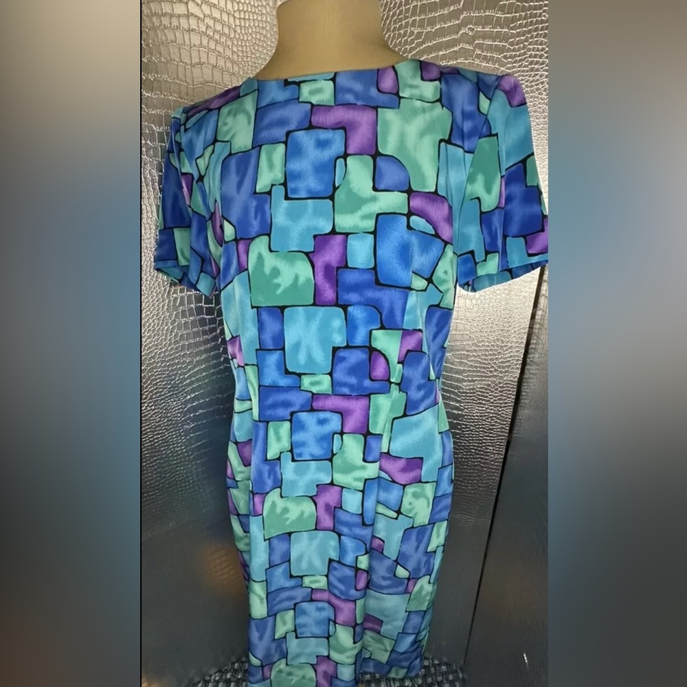 Vintage Geometric Blue Watercolor Dress By John Roberts Size 8